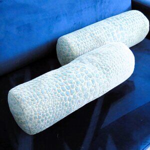 SUMMER GIVE AWAY SALE! Pair of Designer Bolster Pillows, Sky Blue & Light Ivory